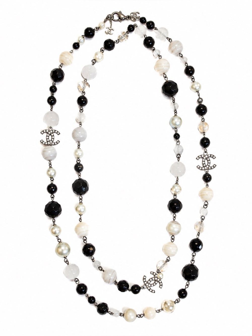 CHANEL Women’s 13P Black White Pearl Beaded Crystal CC Long Necklace